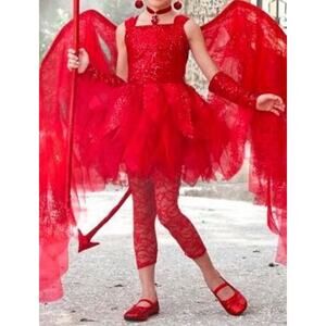 Wishcraft Sweet Devil Costume Girls 8 Red Sequin Lace Leggings Dress Cosplay